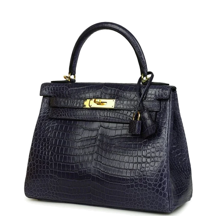 Hermes Kelly Retourne 28 Bleu Nuit Satin Matte Porosus Crocodile Gold Hardware — фото 5