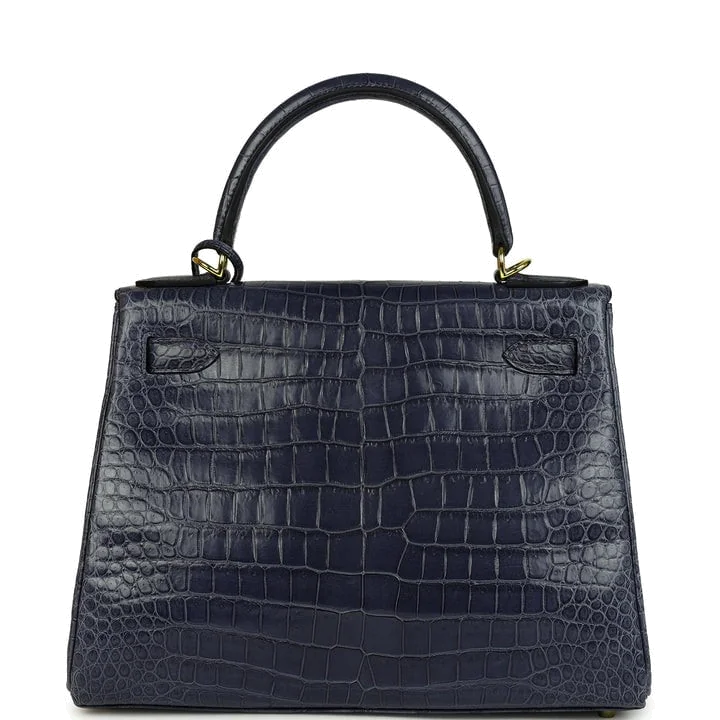 Hermes Kelly Retourne 28 Bleu Nuit Satin Matte Porosus Crocodile Gold Hardware — фото 6