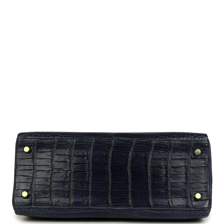 Hermes Kelly Retourne 28 Bleu Nuit Satin Matte Porosus Crocodile Gold Hardware — фото 7