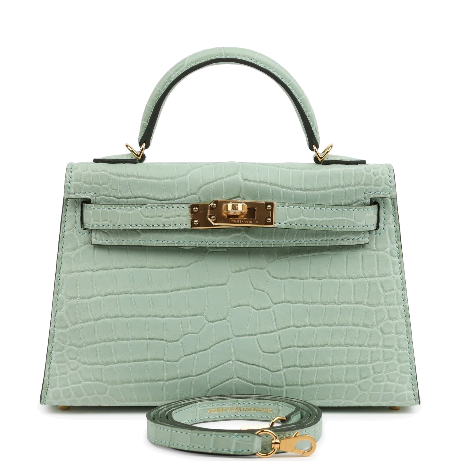 Hermes Kelly Sellier 20 Vert D'Eau Matte Porosus Crocodile Gold Hardware