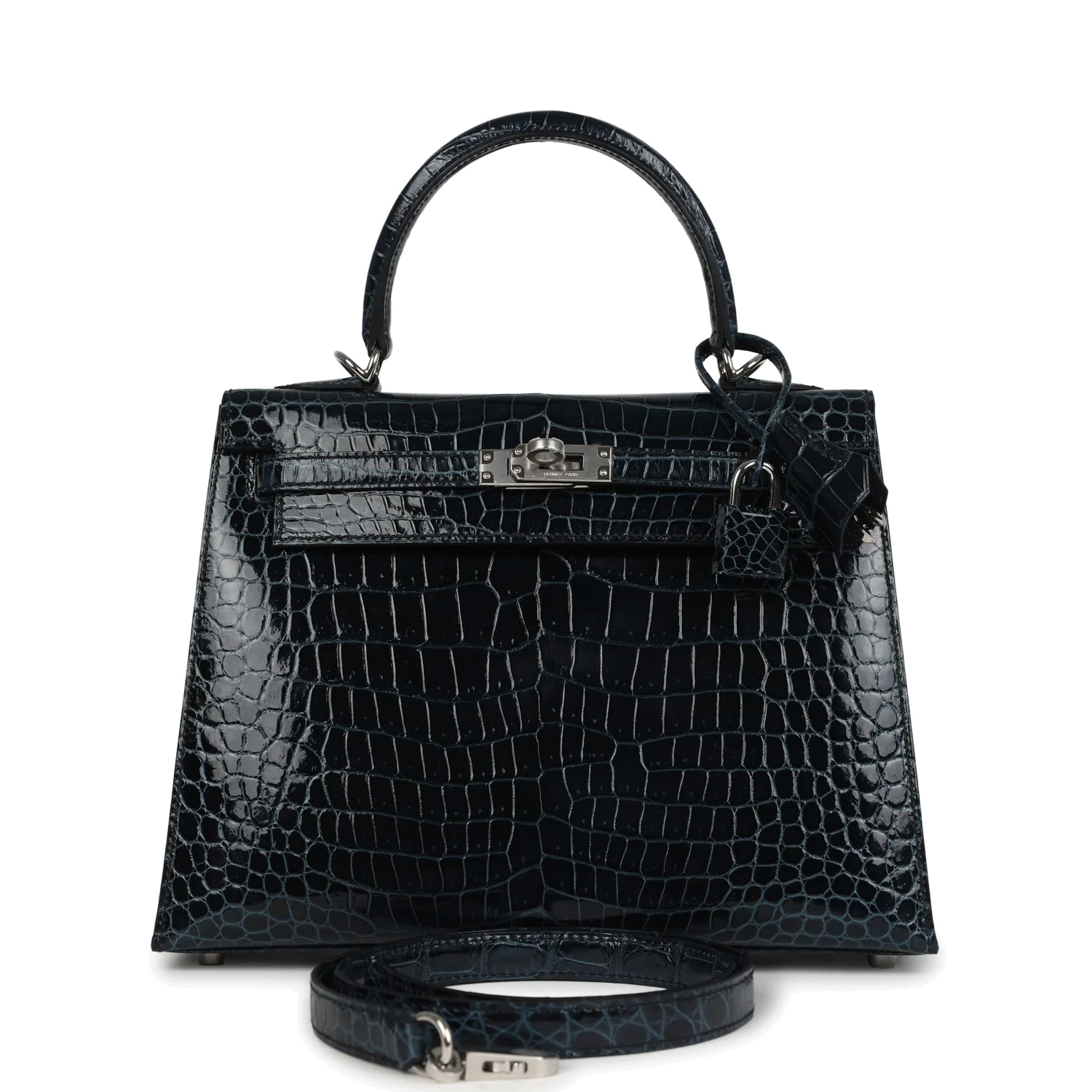 Hermes Kelly Sellier 25 Vert Rousseau Shiny Porosus Crocodile Palladium Hardware — фото 2