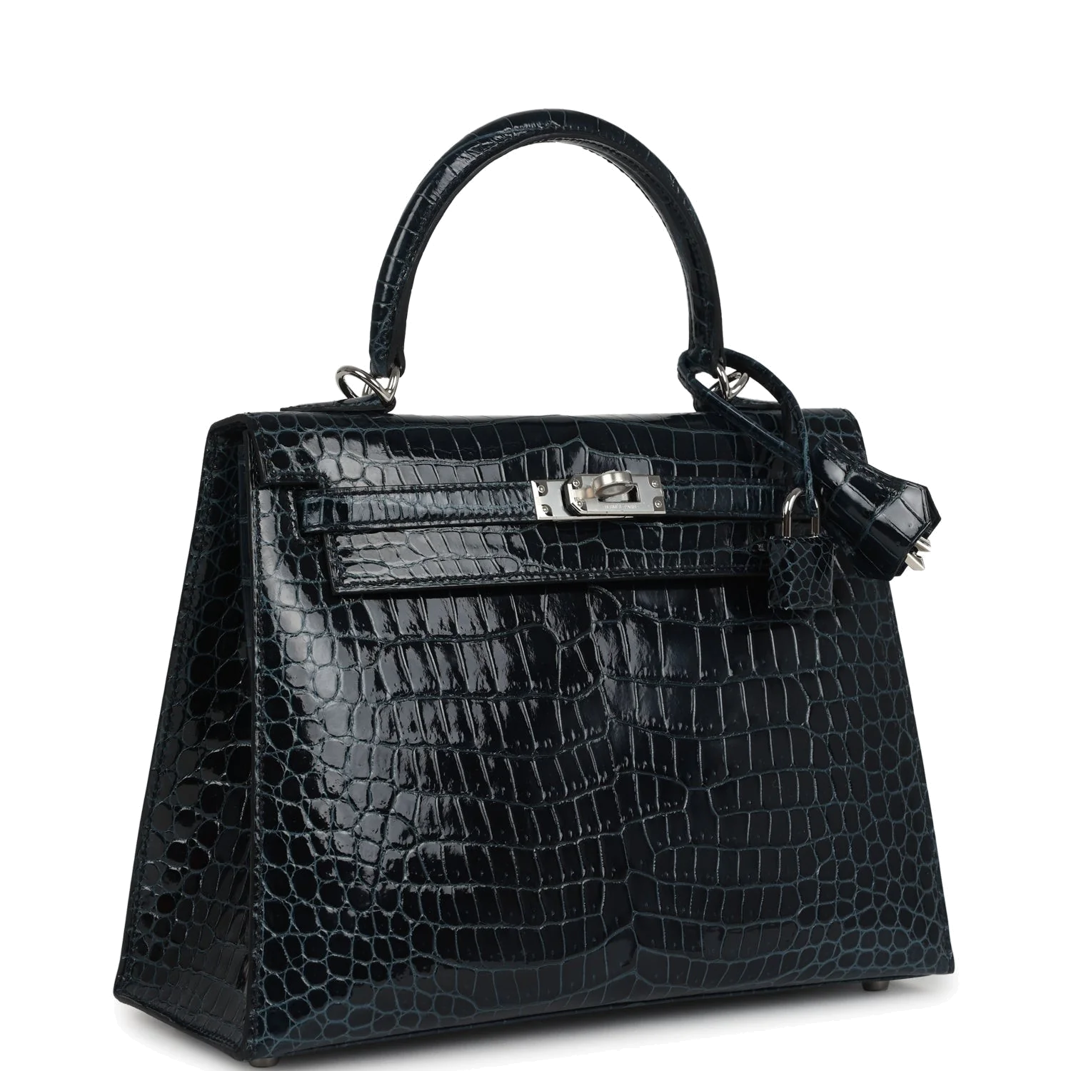 Hermes Kelly Sellier 25 Vert Rousseau Shiny Porosus Crocodile Palladium Hardware — фото 3