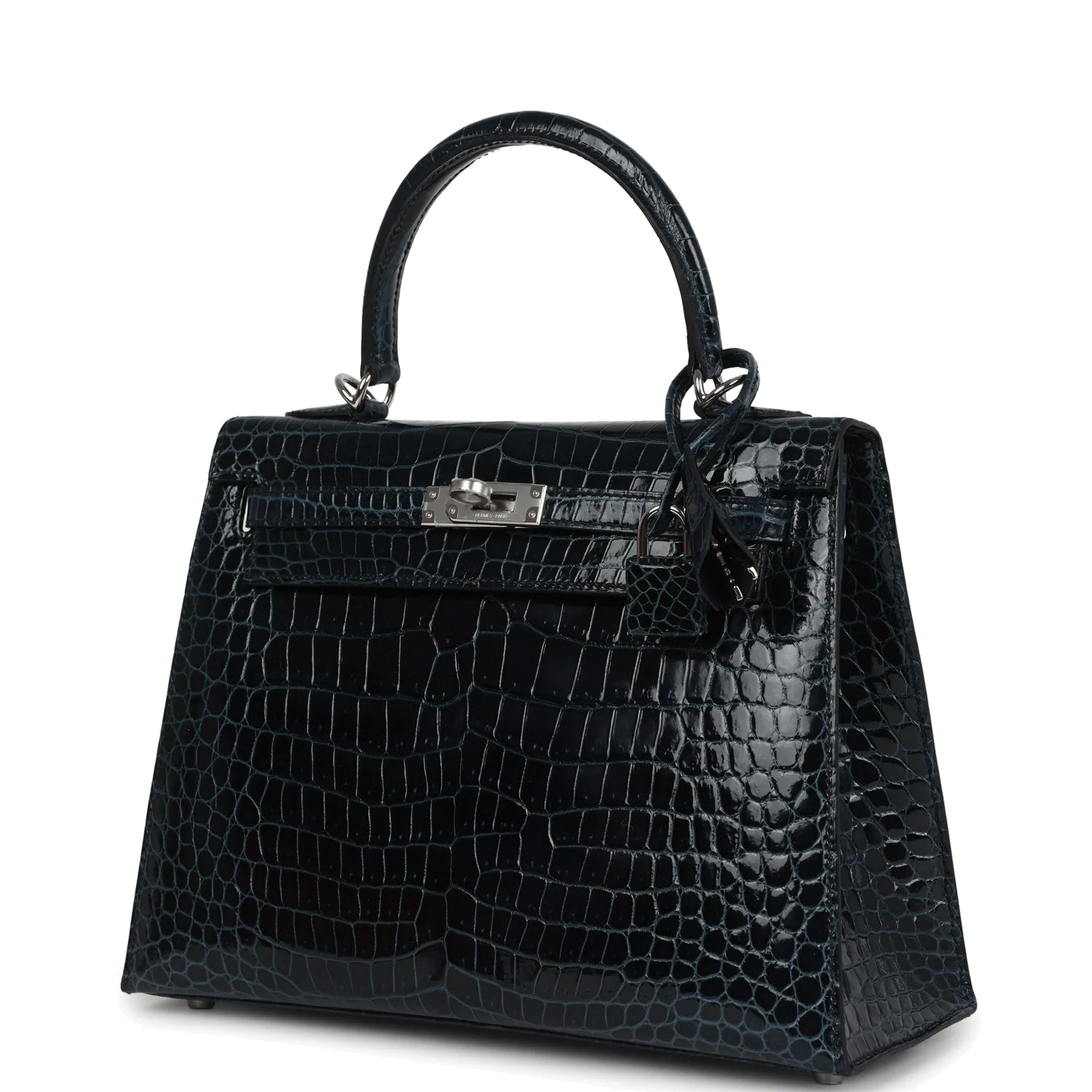 Hermes Kelly Sellier 25 Vert Rousseau Shiny Porosus Crocodile Palladium Hardware — фото 6