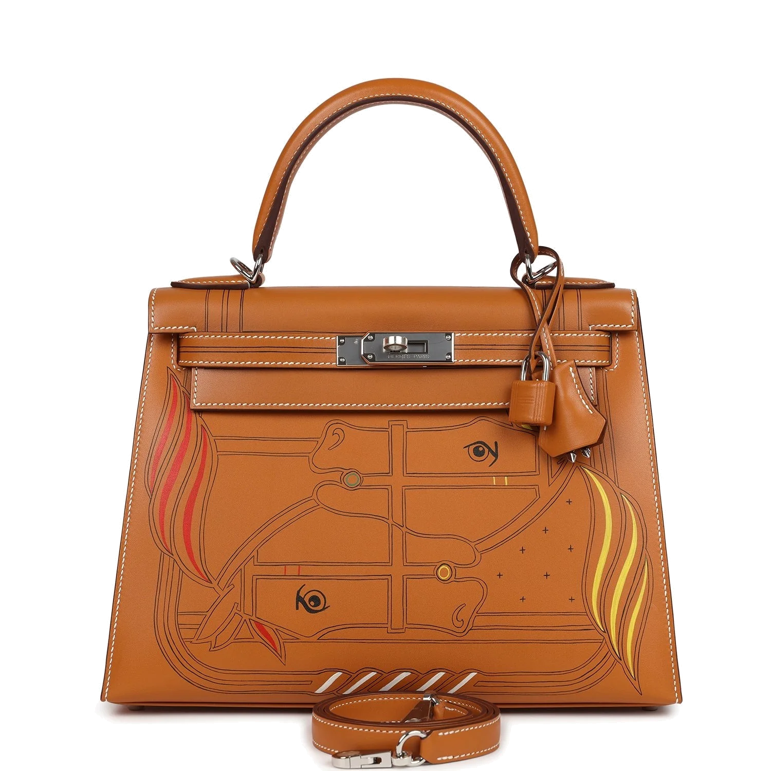 Hermes Kelly Sellier 28 "Painted Quadrige" Naturel Sable Butler Palladium Hardware