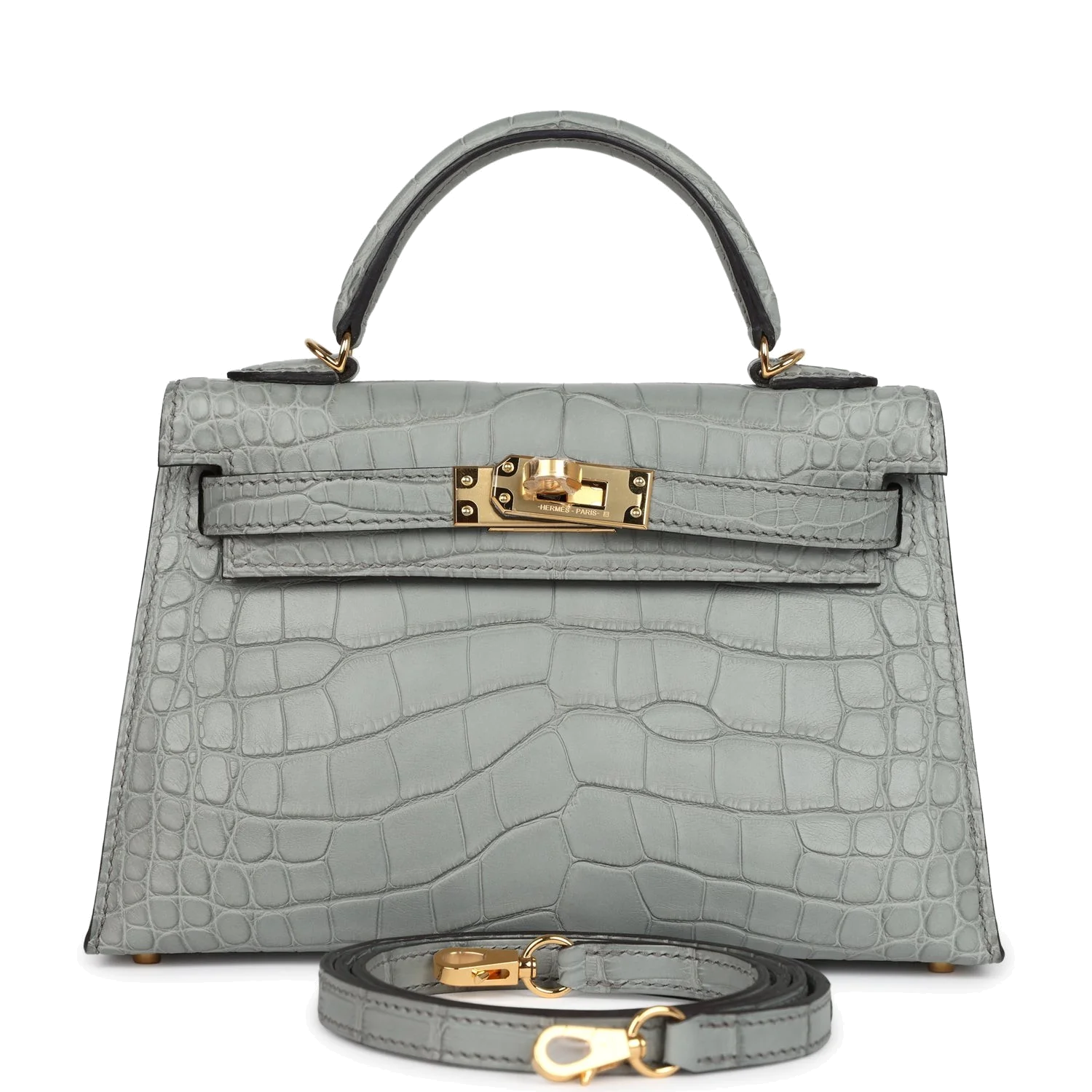 Hermes Kelly Sellier 20 Gris Ciment Matte Alligator Gold Hardware
