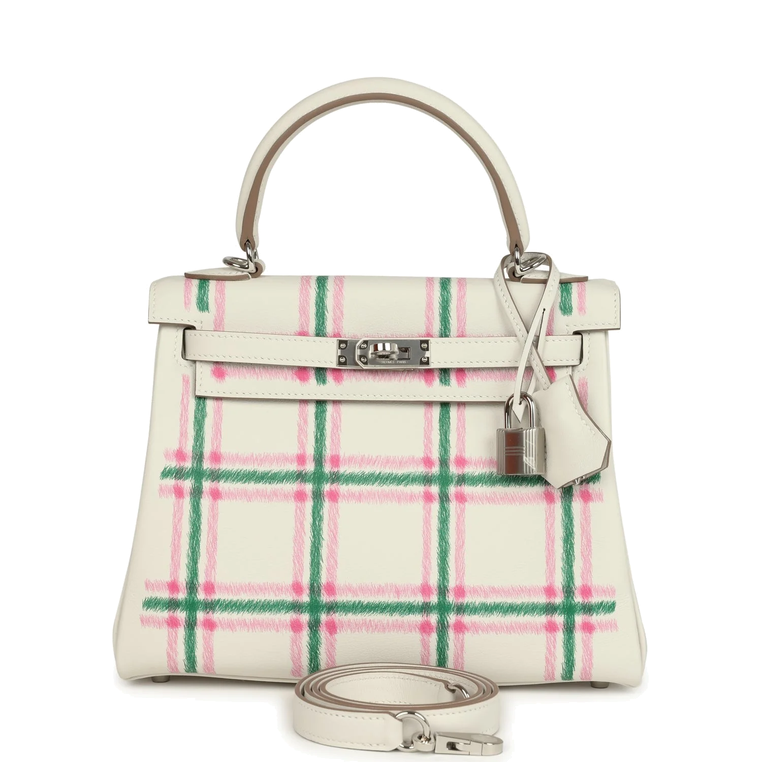 Hermes Kelly Retourne 25 "Tartan Light" Gris Pale, Vert Moyen and Bubblegum Swift Palladium Hardware — фото 2