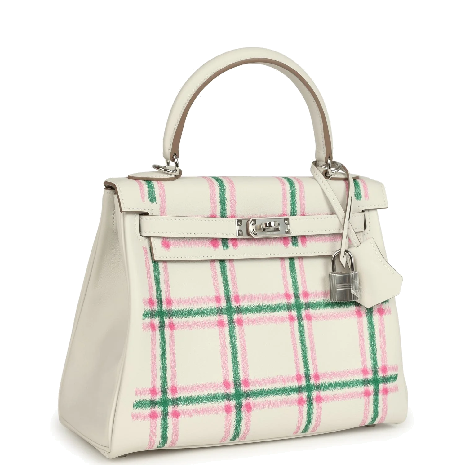 Hermes Kelly Retourne 25 "Tartan Light" Gris Pale, Vert Moyen and Bubblegum Swift Palladium Hardware — фото 3
