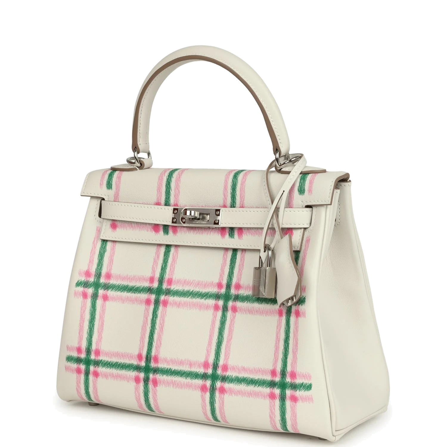 Hermes Kelly Retourne 25 "Tartan Light" Gris Pale, Vert Moyen and Bubblegum Swift Palladium Hardware — фото 6