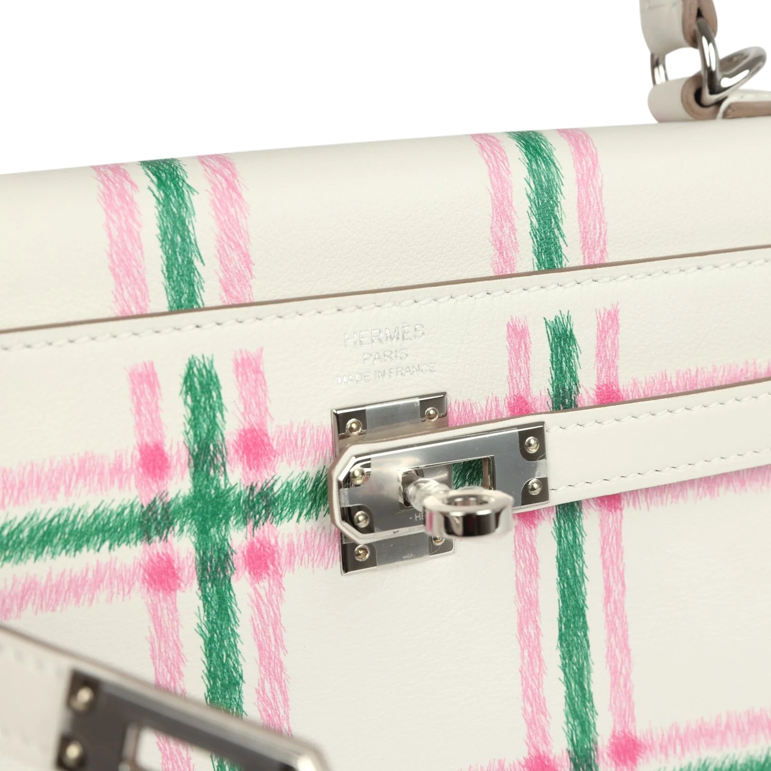 Hermes Kelly Retourne 25 "Tartan Light" Gris Pale, Vert Moyen and Bubblegum Swift Palladium Hardware — фото 8