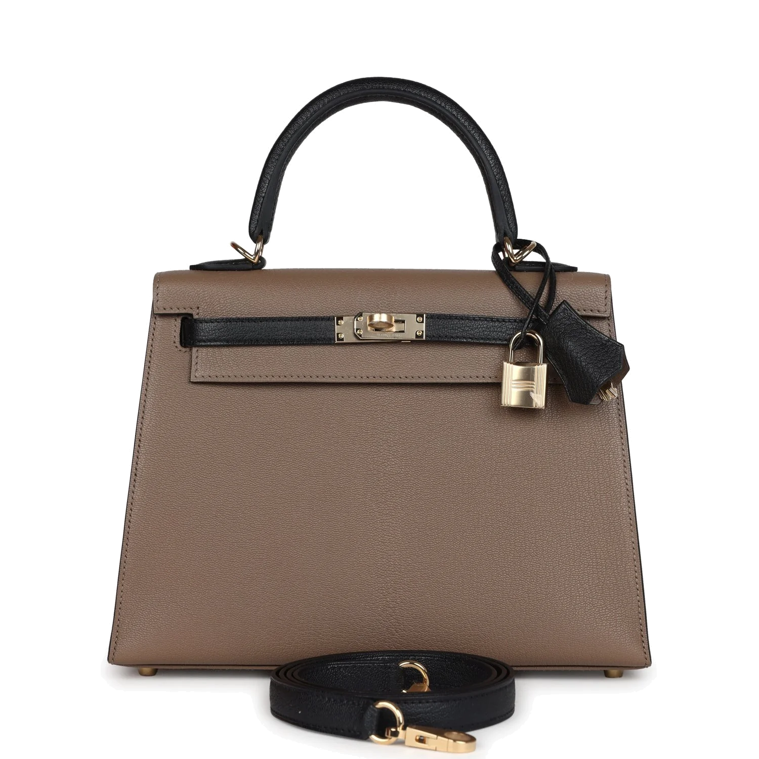 Hermes Special Order (HSS) Kelly Sellier 25 Black and Etoupe Chevre Mysore Permabrass Hardware — фото 2
