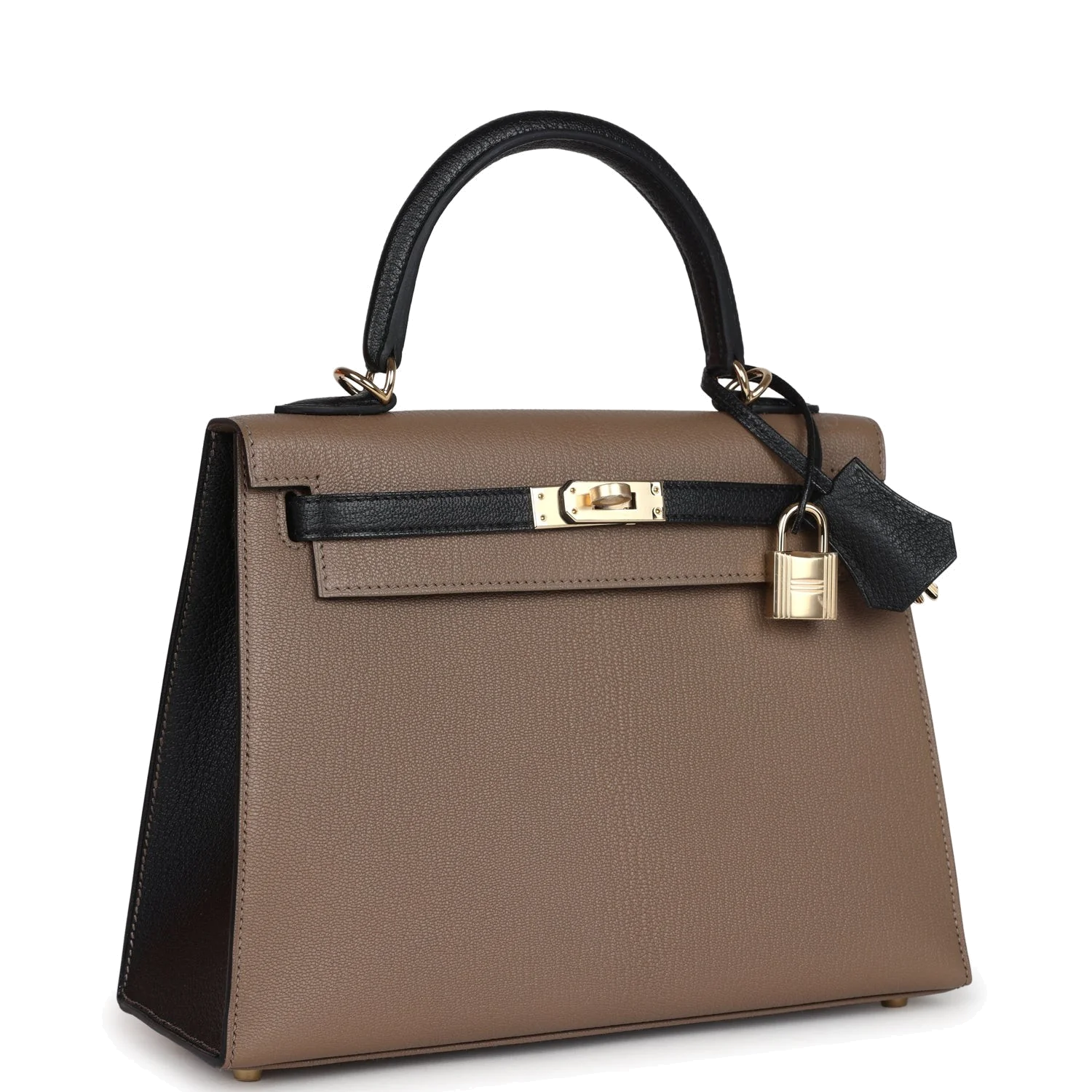 Hermes Special Order (HSS) Kelly Sellier 25 Black and Etoupe Chevre Mysore Permabrass Hardware — фото 3