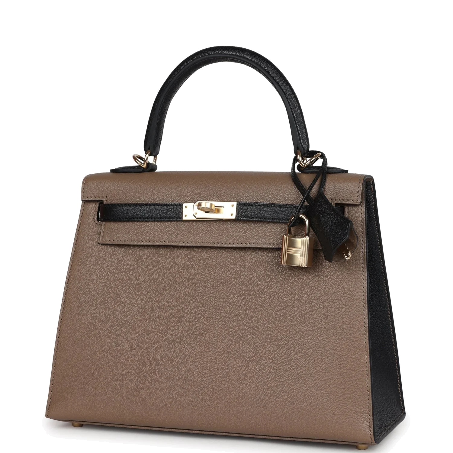 Hermes Special Order (HSS) Kelly Sellier 25 Black and Etoupe Chevre Mysore Permabrass Hardware — фото 6