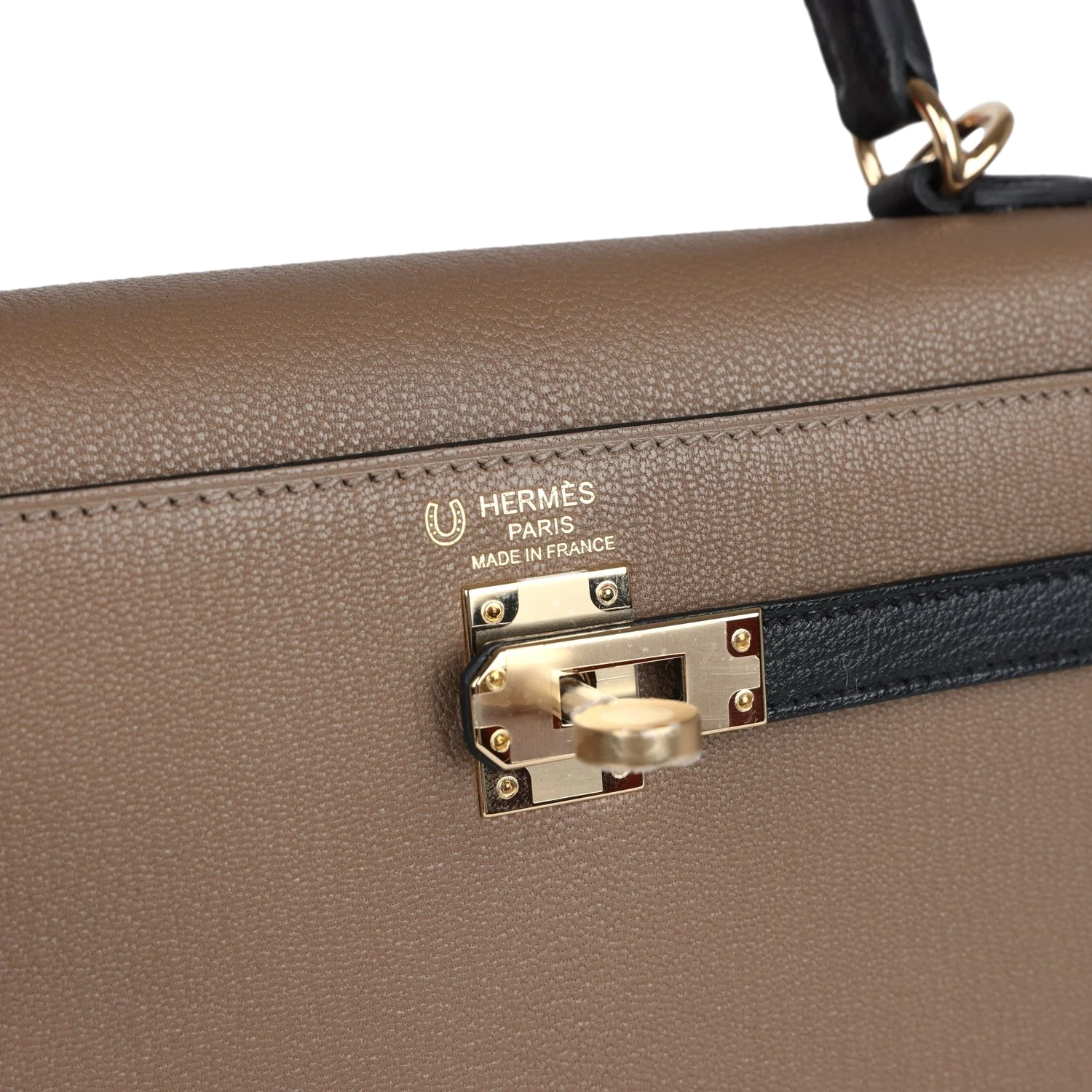 Hermes Special Order (HSS) Kelly Sellier 25 Black and Etoupe Chevre Mysore Permabrass Hardware — фото 8