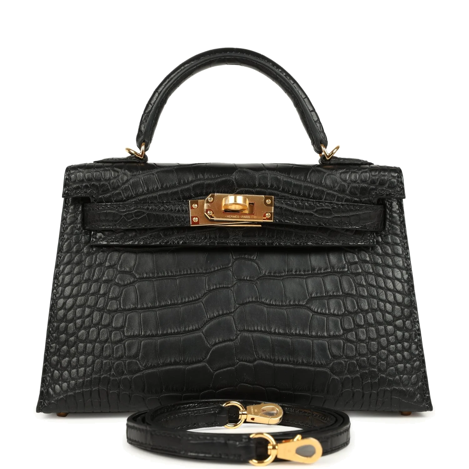 Hermes Kelly Sellier 20 Black Matte Alligator Gold Hardware — фото 2