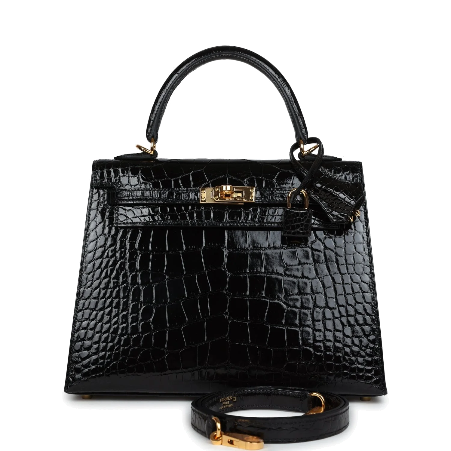 Hermes Kelly Sellier 25 Black Shiny Alligator Gold Hardware — фото 2