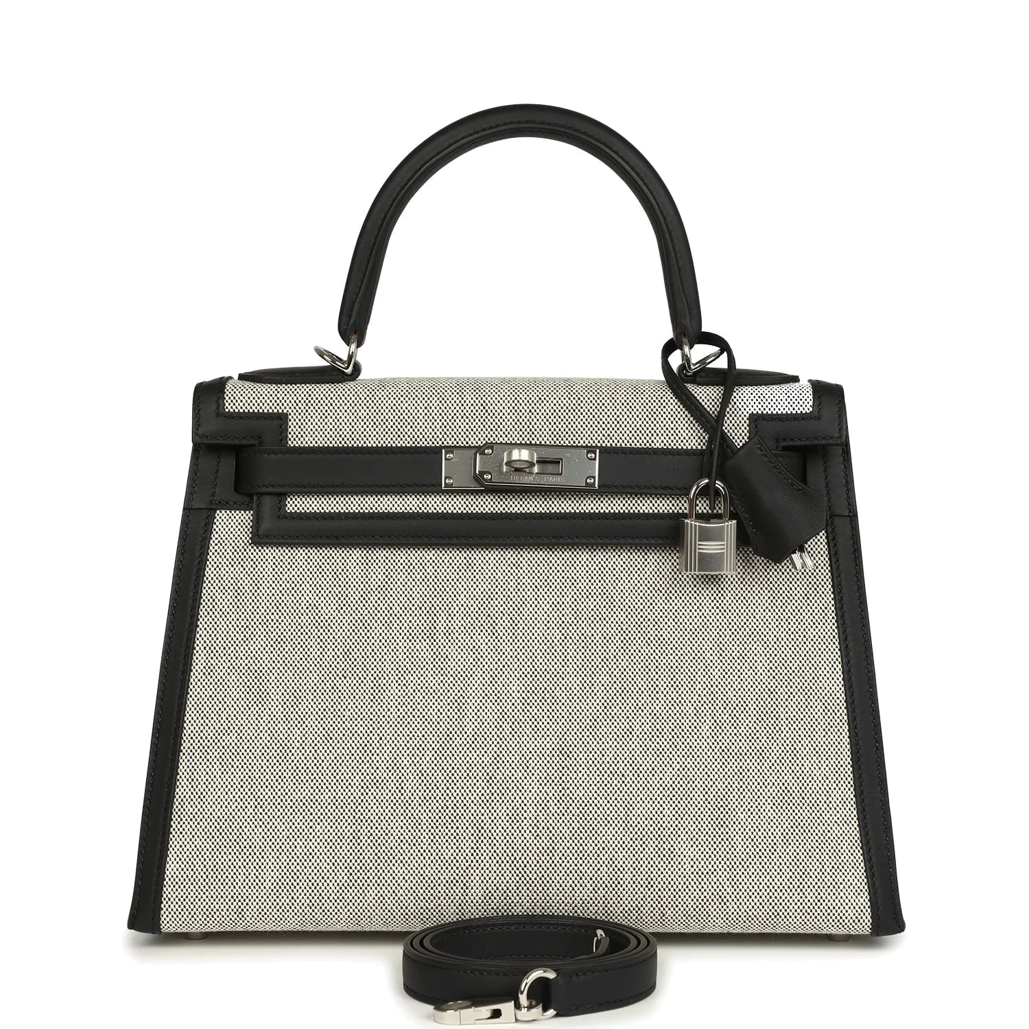 Hermes Kelly Sellier 28 Black Swift and Ecru-Black Toile H Canvas Palladium Hardware — фото 2
