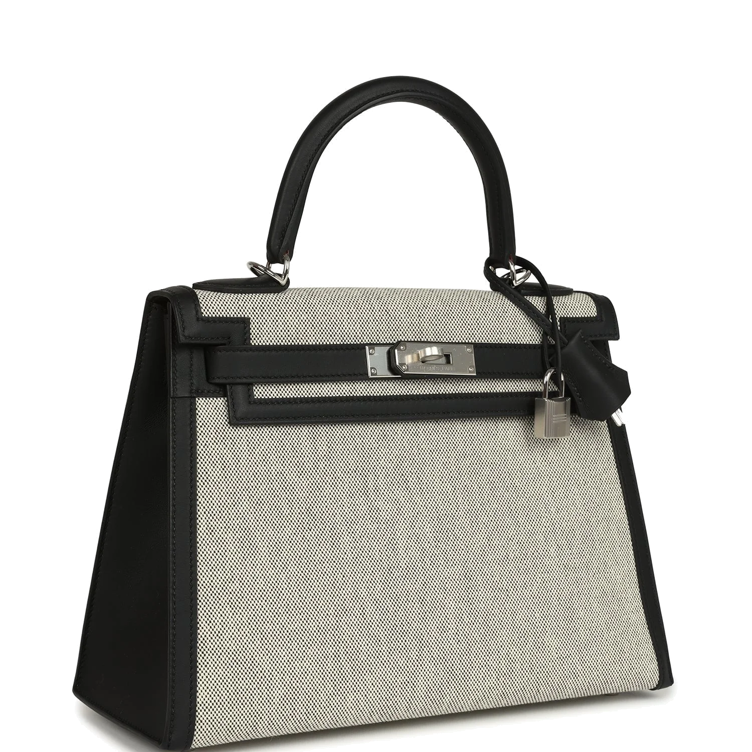 Hermes Kelly Sellier 28 Black Swift and Ecru-Black Toile H Canvas Palladium Hardware — фото 3