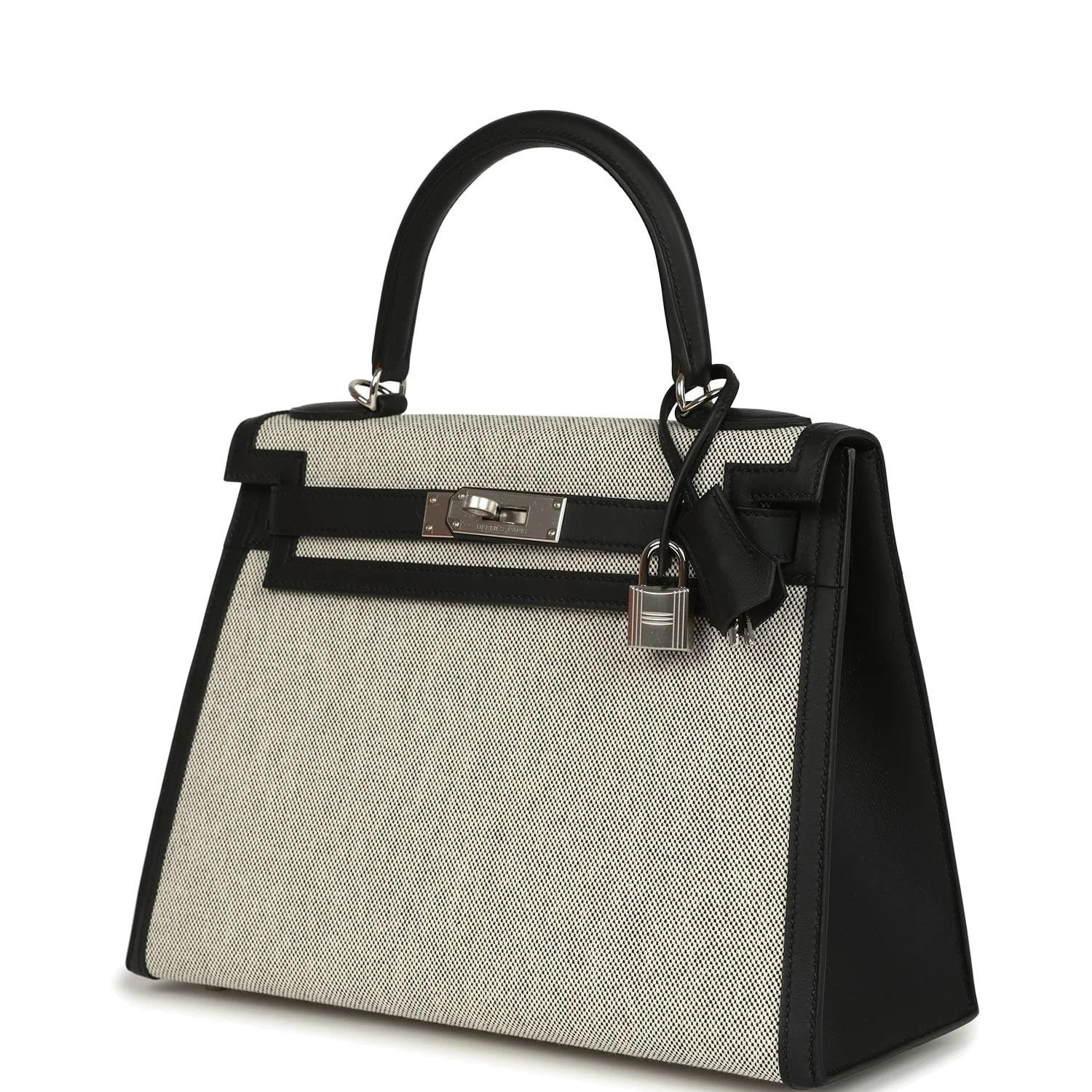 Hermes Kelly Sellier 28 Black Swift and Ecru-Black Toile H Canvas Palladium Hardware — фото 6