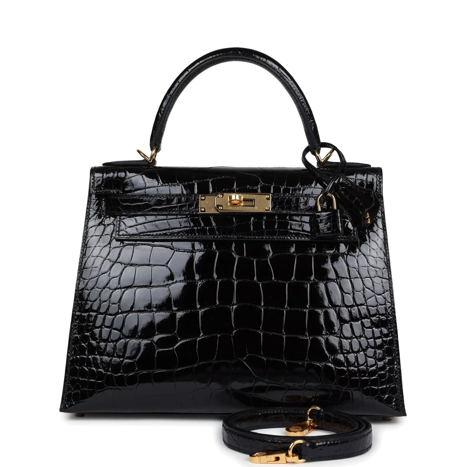 Hermes Kelly Sellier 28 Black Shiny Alligator Gold Hardware — фото 2