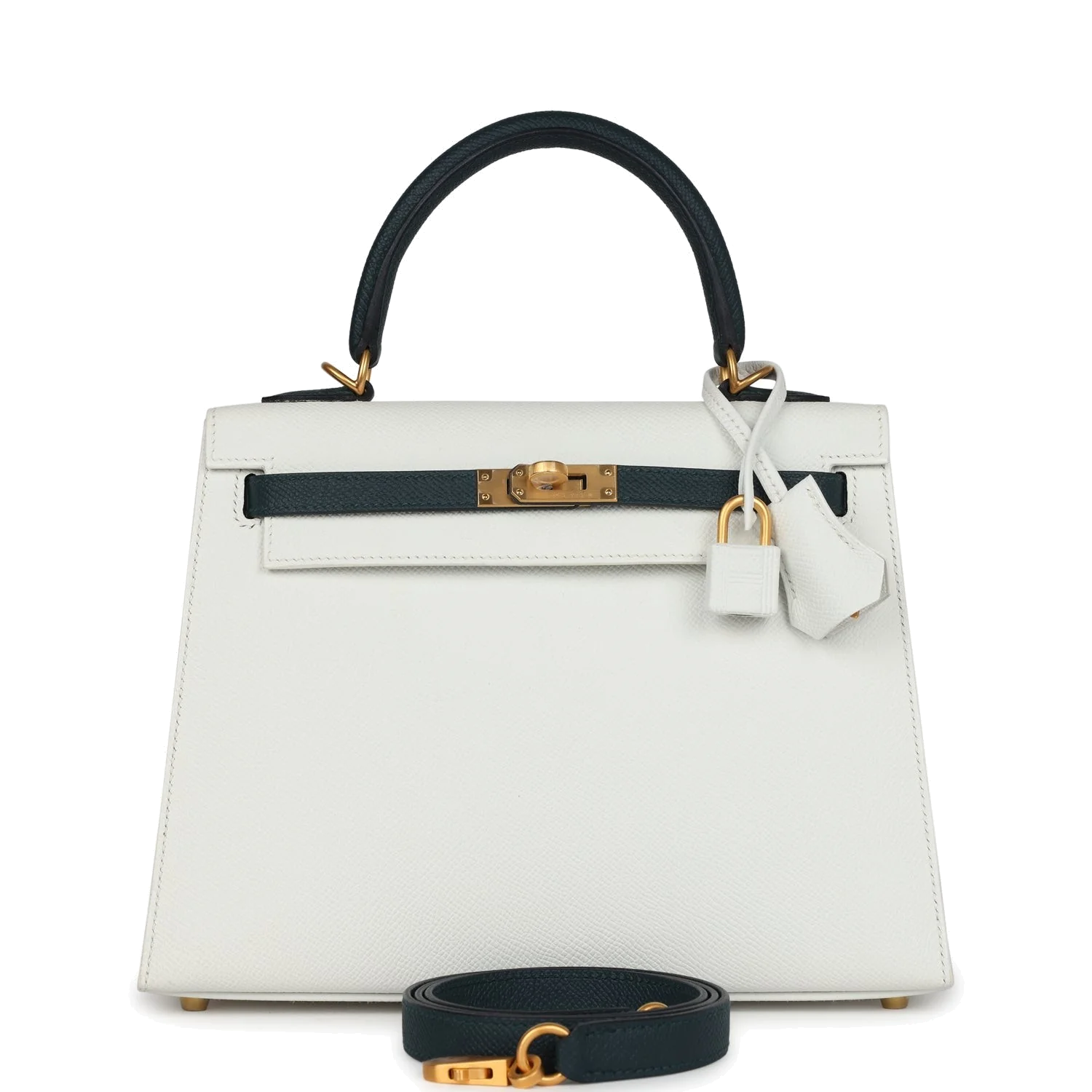 Hermes Special Order (HSS) Kelly Sellier 25 White and Vert Cypress Epsom Brushed Gold Hardware — фото 2