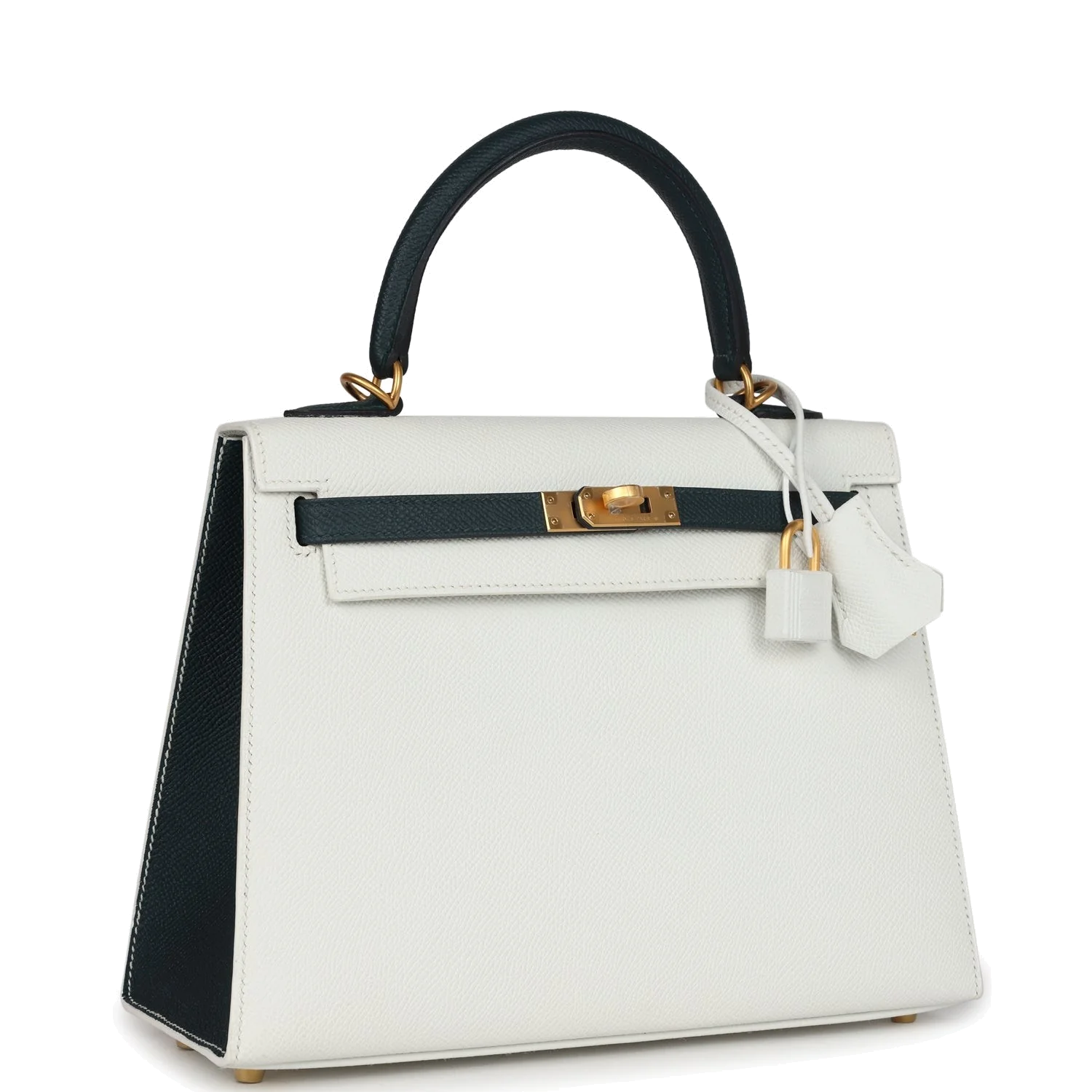 Hermes Special Order (HSS) Kelly Sellier 25 White and Vert Cypress Epsom Brushed Gold Hardware — фото 3