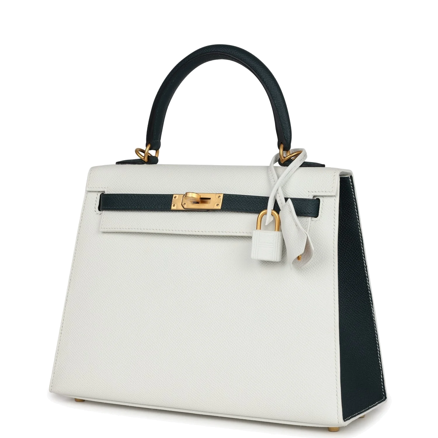 Hermes Special Order (HSS) Kelly Sellier 25 White and Vert Cypress Epsom Brushed Gold Hardware — фото 6