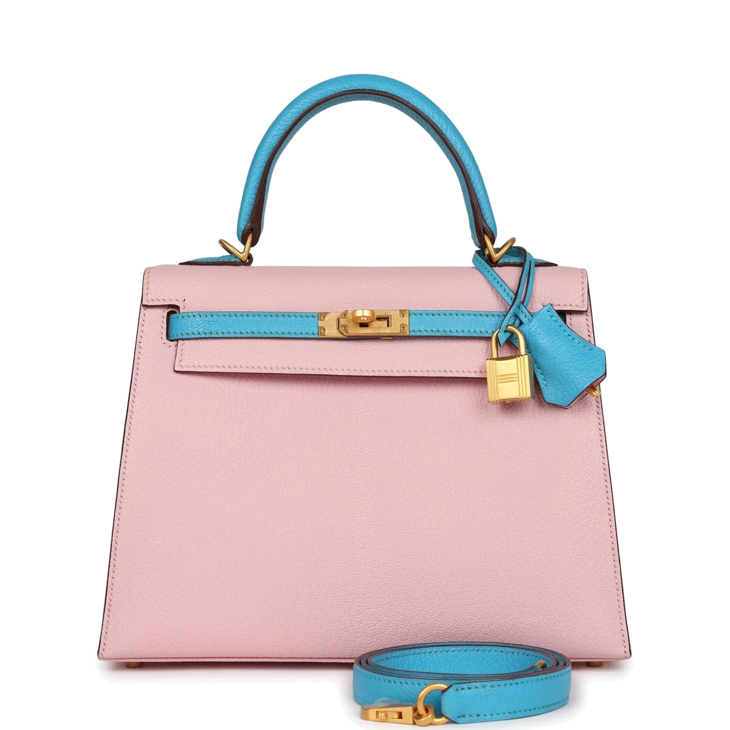 Hermes Special Order (HSS) Kelly Sellier 25 Rose Sakura and Bleu Aztec Chevre Brushed Gold Hardware — фото 2