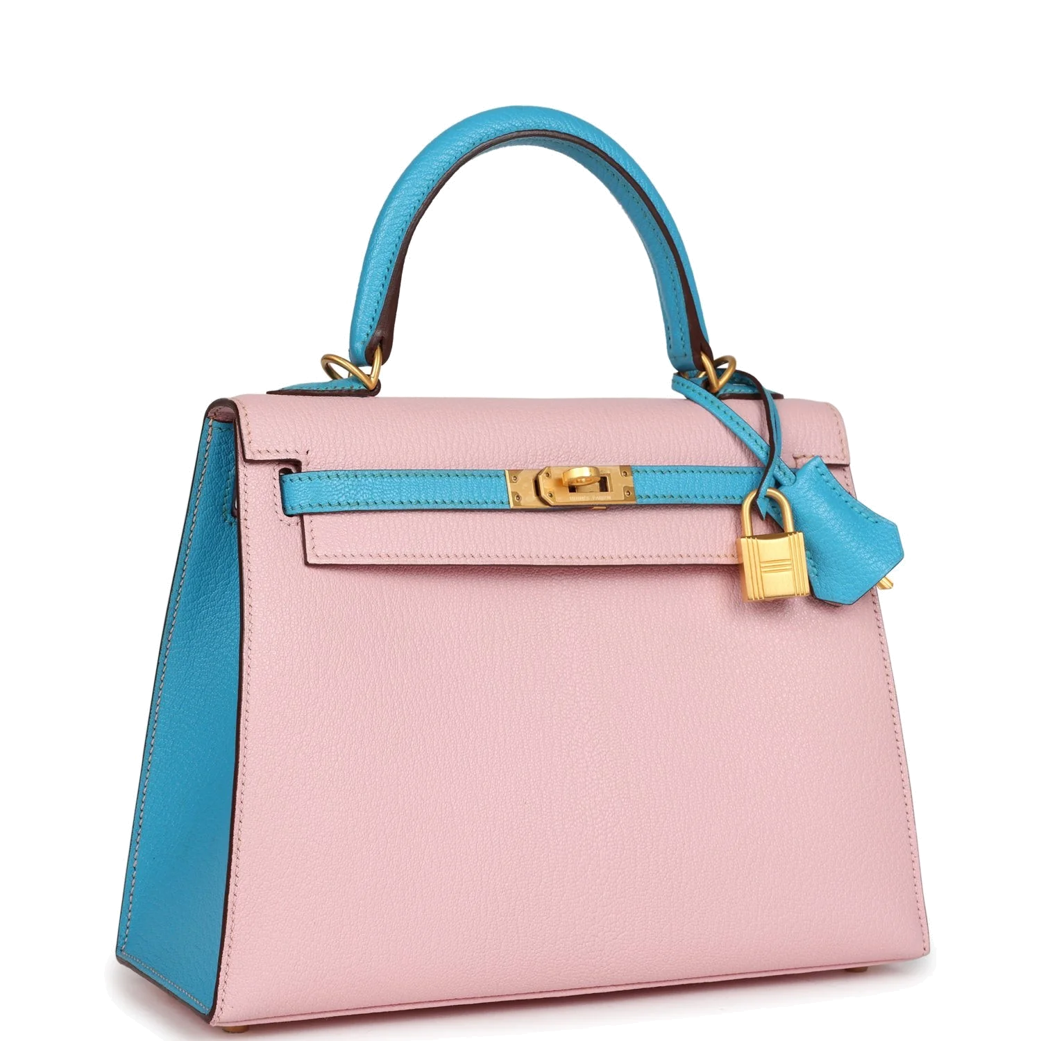 Hermes Special Order (HSS) Kelly Sellier 25 Rose Sakura and Bleu Aztec Chevre Brushed Gold Hardware — фото 3