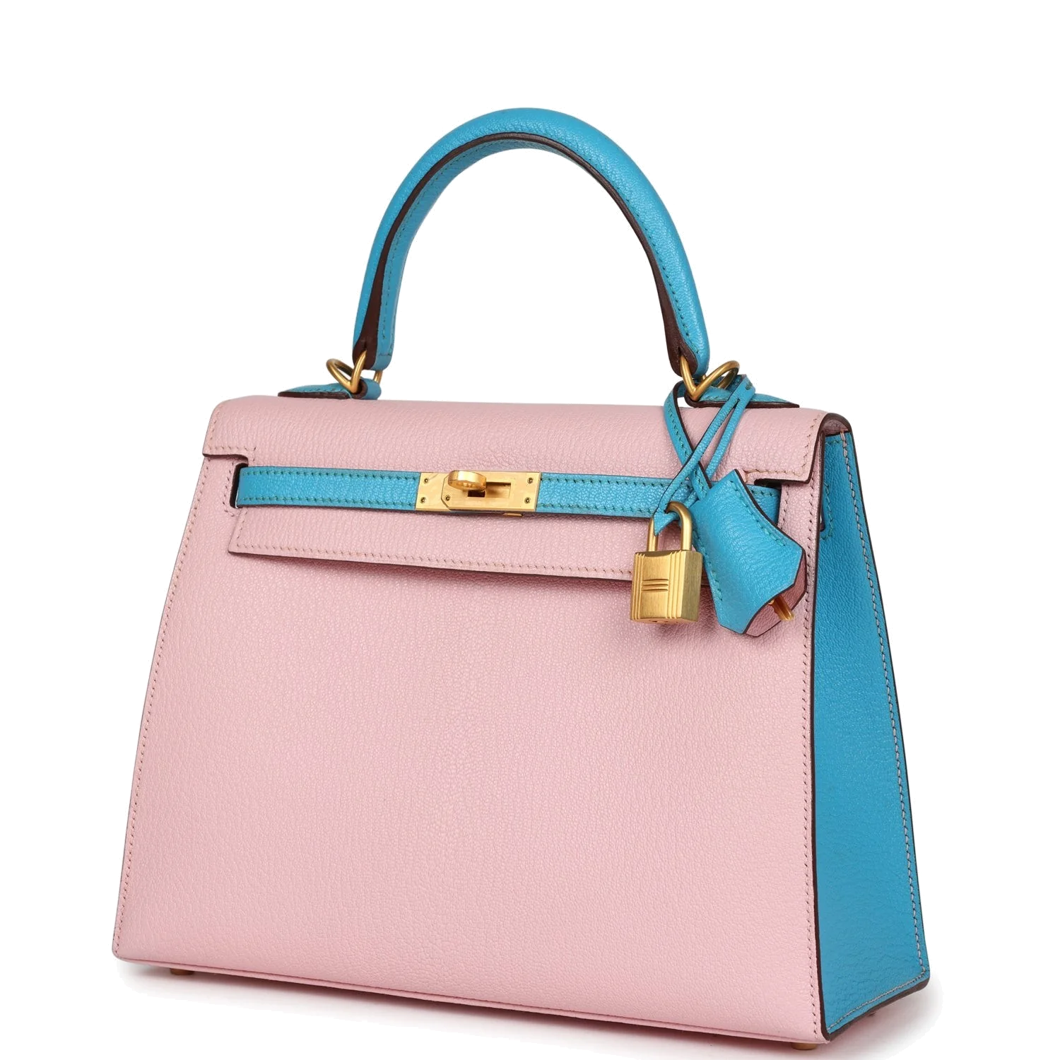 Hermes Special Order (HSS) Kelly Sellier 25 Rose Sakura and Bleu Aztec Chevre Brushed Gold Hardware — фото 4