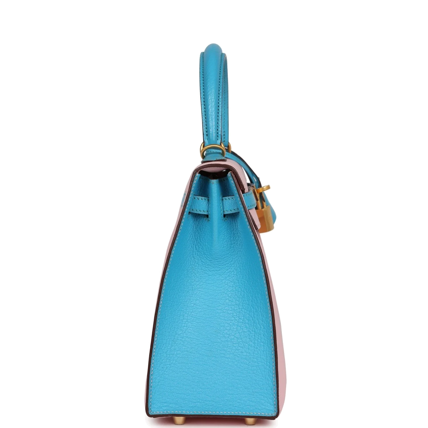 Hermes Special Order (HSS) Kelly Sellier 25 Rose Sakura and Bleu Aztec Chevre Brushed Gold Hardware — фото 5