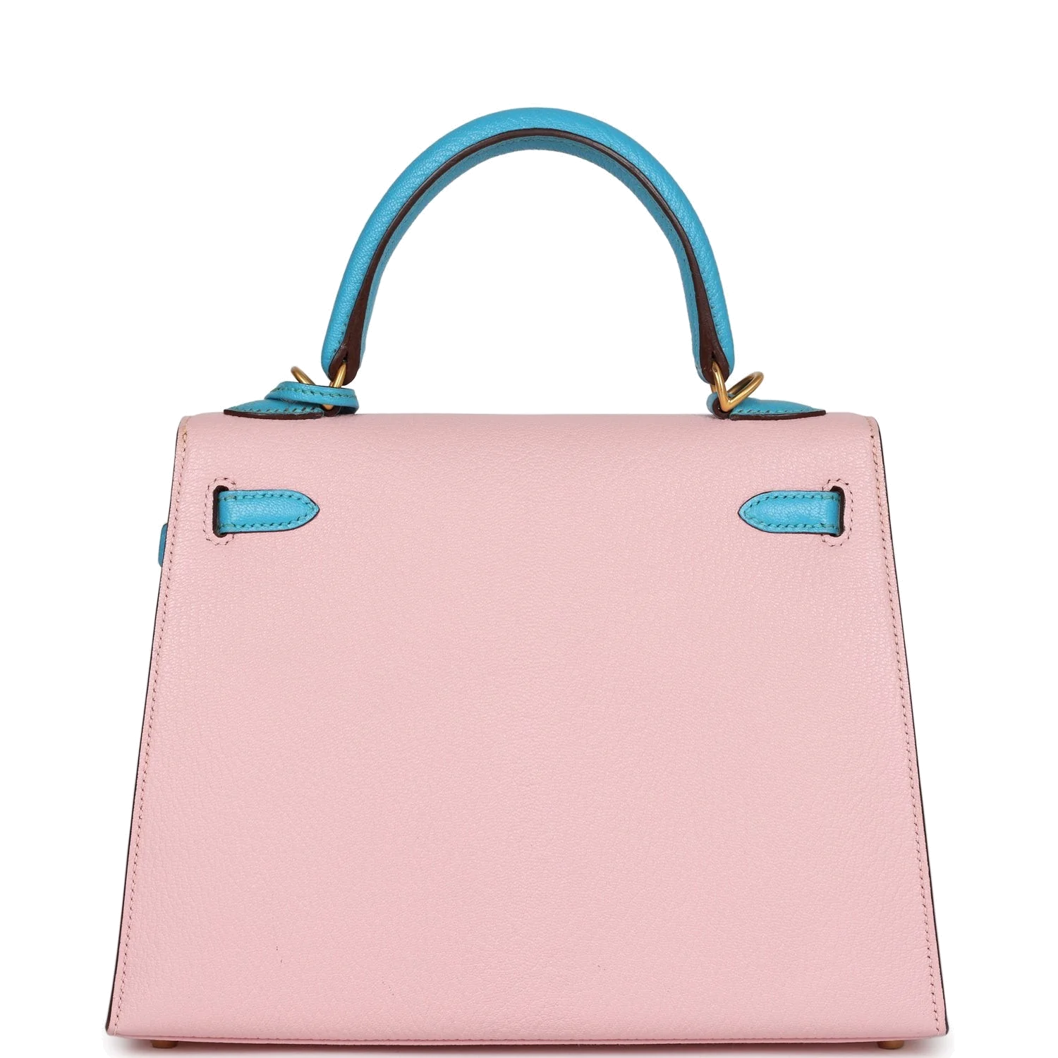 Hermes Special Order (HSS) Kelly Sellier 25 Rose Sakura and Bleu Aztec Chevre Brushed Gold Hardware — фото 6