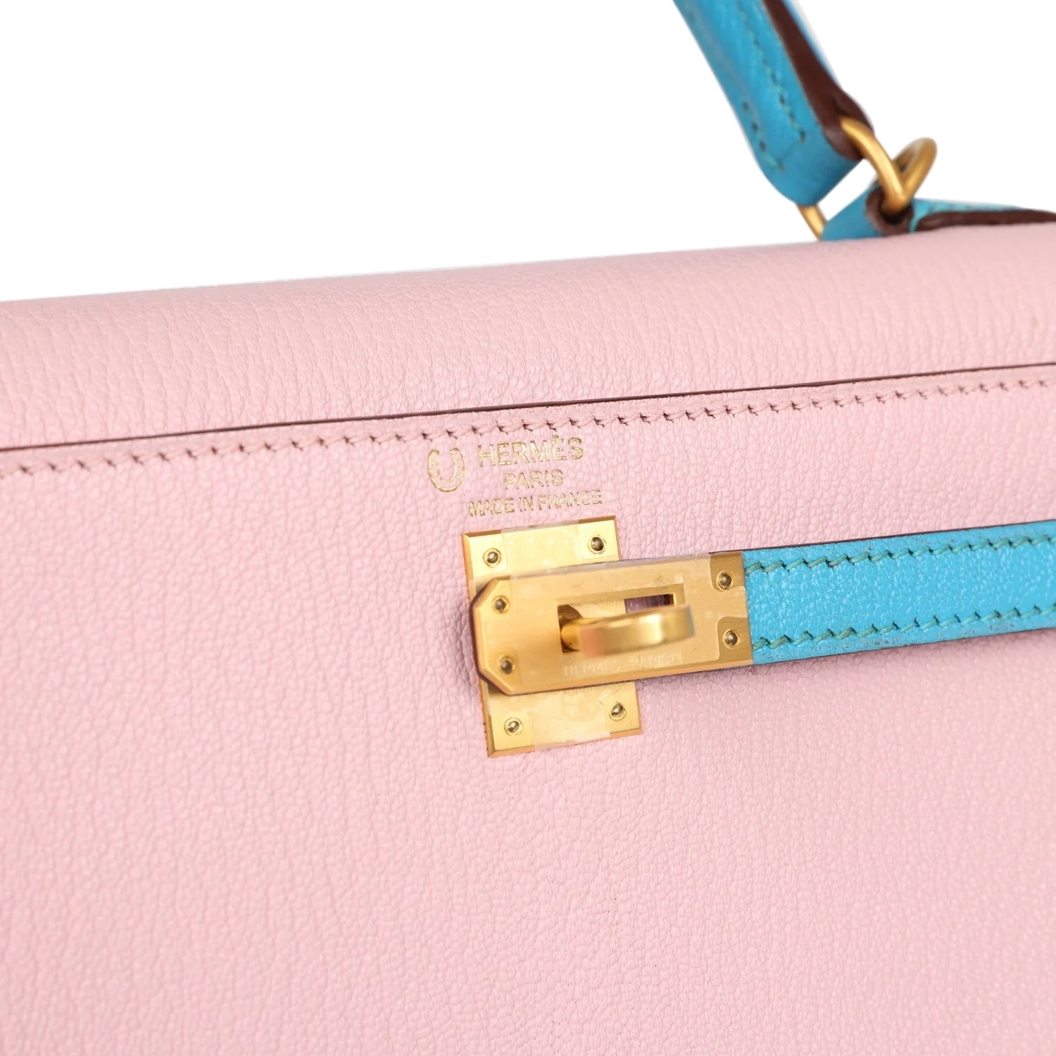 Hermes Special Order (HSS) Kelly Sellier 25 Rose Sakura and Bleu Aztec Chevre Brushed Gold Hardware — фото 8