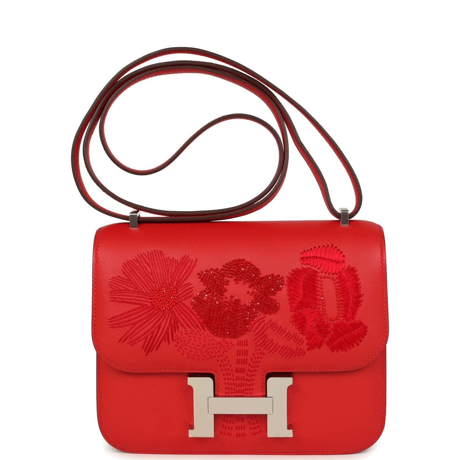 Hermes Constance 18 "Dancing Flowers" Rouge De Coeur Embroidered Swift Palladium Hardware — фото 2