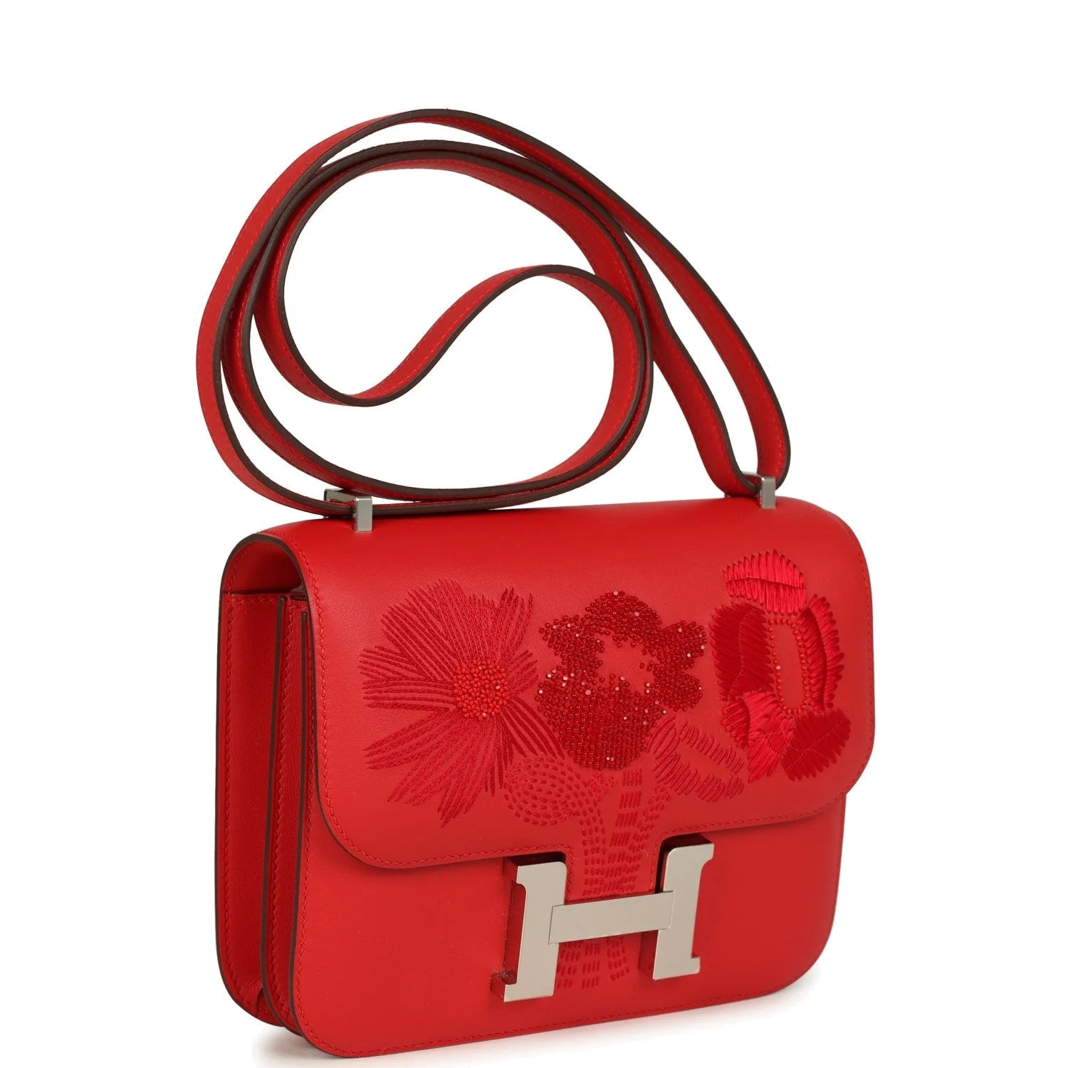 Hermes Constance 18 "Dancing Flowers" Rouge De Coeur Embroidered Swift Palladium Hardware — фото 3