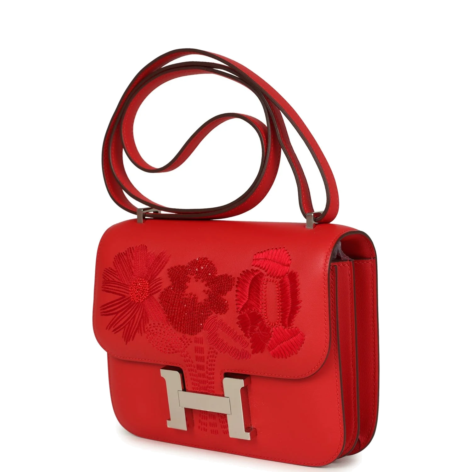 Hermes Constance 18 "Dancing Flowers" Rouge De Coeur Embroidered Swift Palladium Hardware — фото 6
