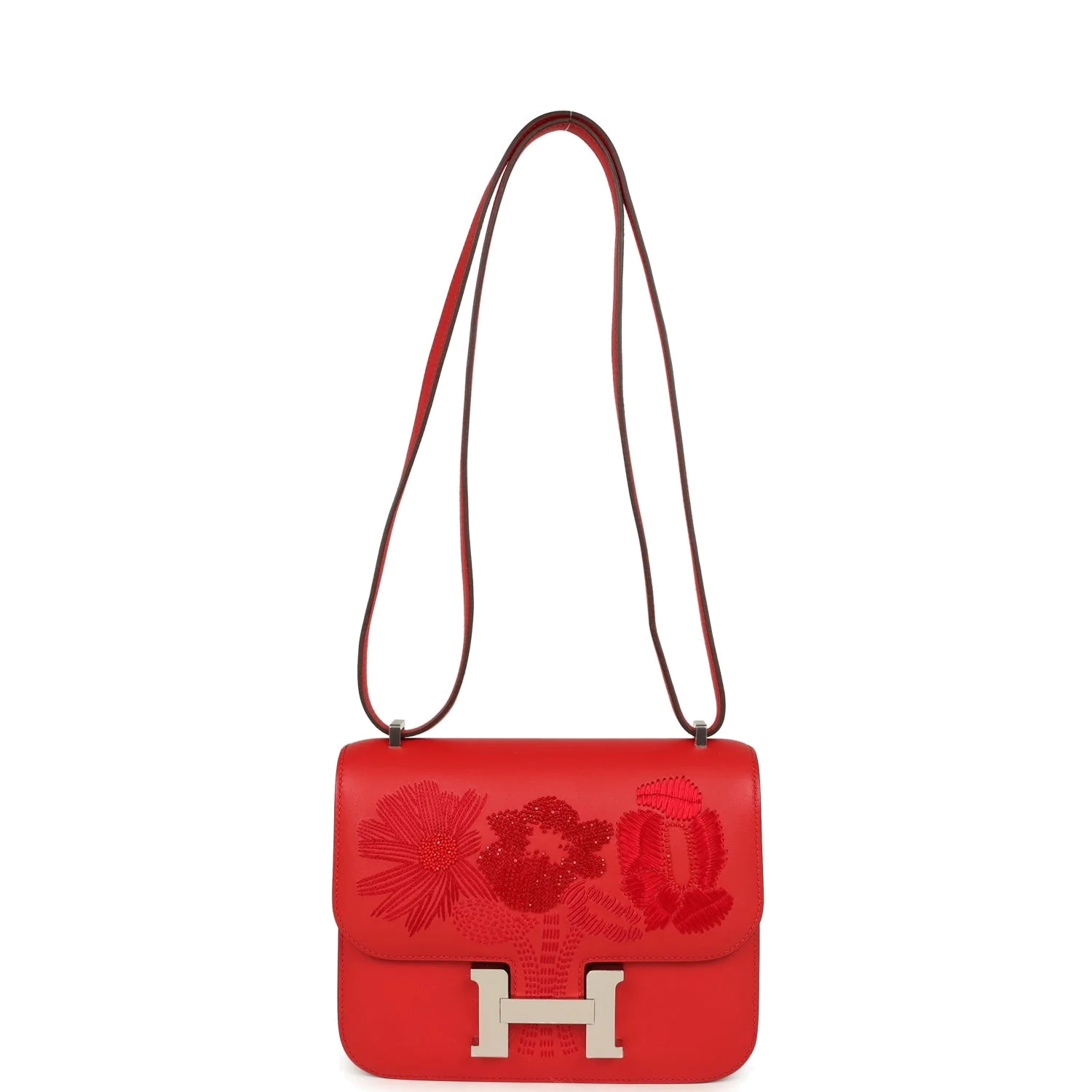 Hermes Constance 18 "Dancing Flowers" Rouge De Coeur Embroidered Swift Palladium Hardware — фото 8