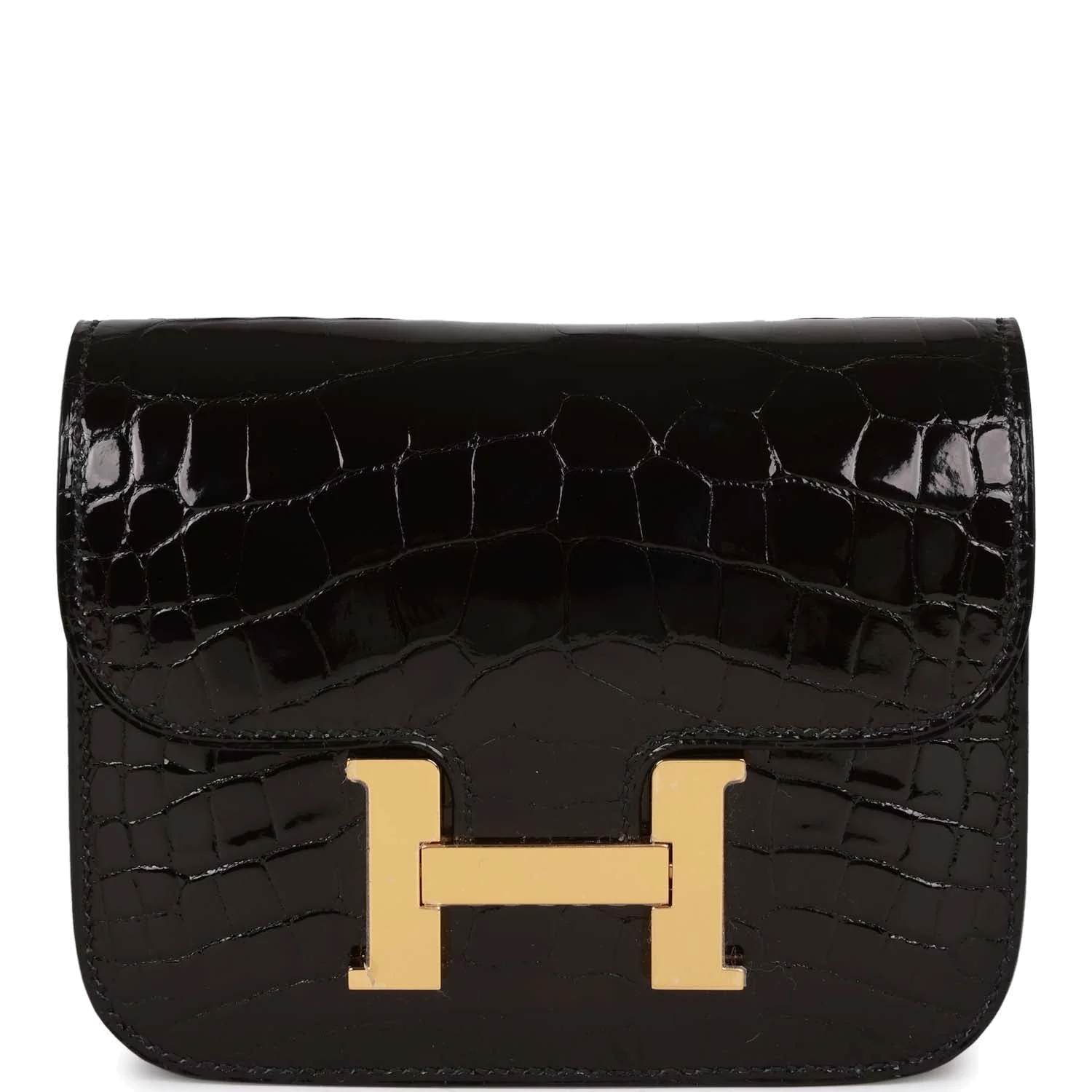 Hermes Constance Slim Wallet Shiny Black Alligator Gold Hardware — фото 2