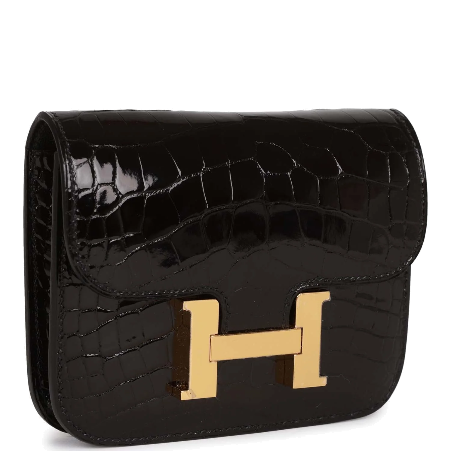 Hermes Constance Slim Wallet Shiny Black Alligator Gold Hardware — фото 3