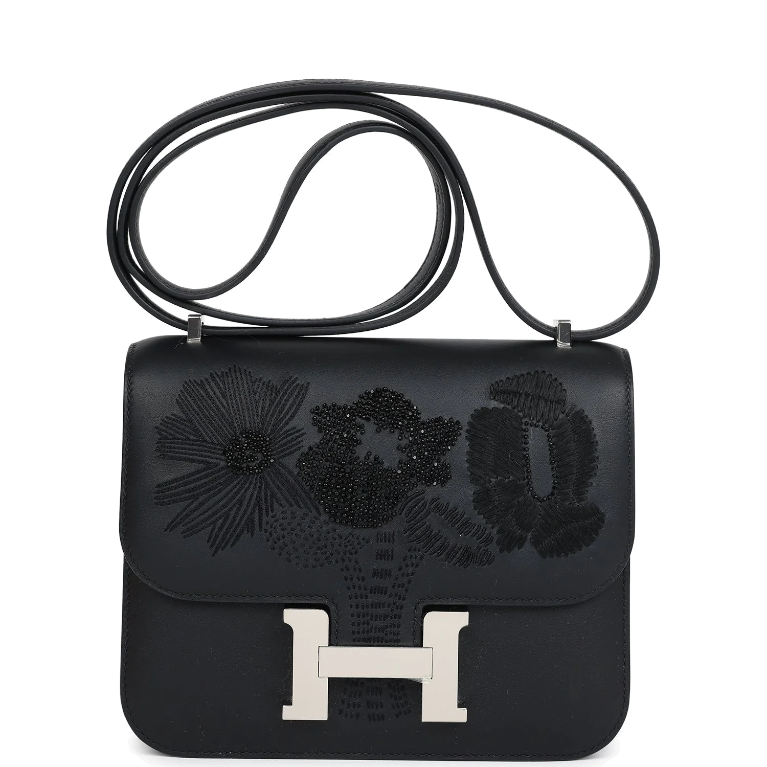Hermes Constance 18 "Dancing Flowers" Black Embroidered Swift Palladium Hardware — фото 1