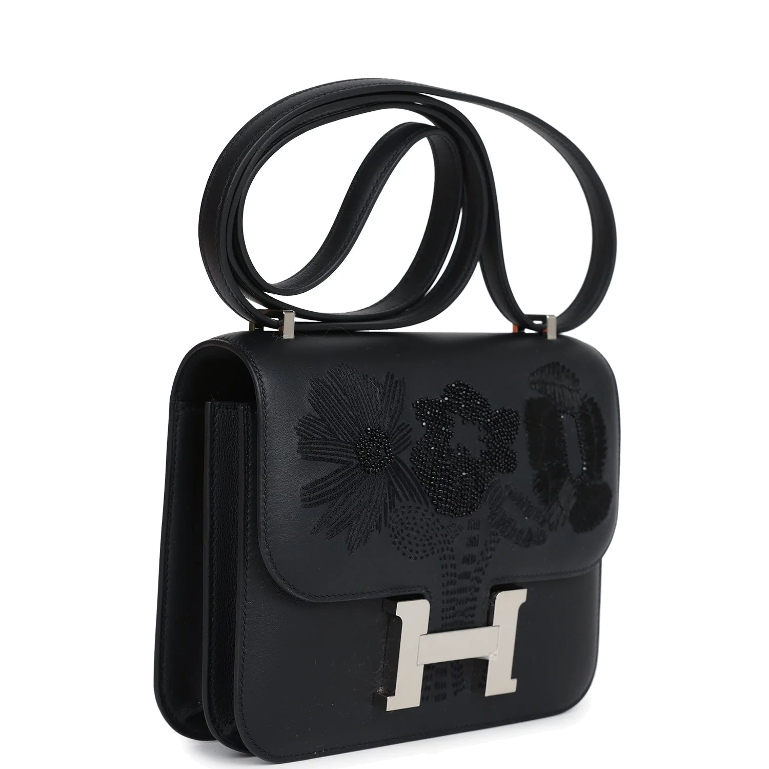 Hermes Constance 18 "Dancing Flowers" Black Embroidered Swift Palladium Hardware — фото 3