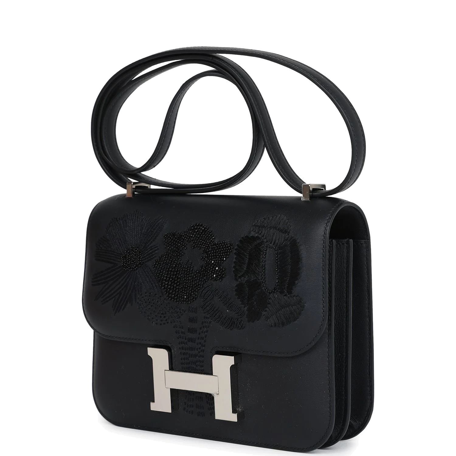 Hermes Constance 18 "Dancing Flowers" Black Embroidered Swift Palladium Hardware — фото 6