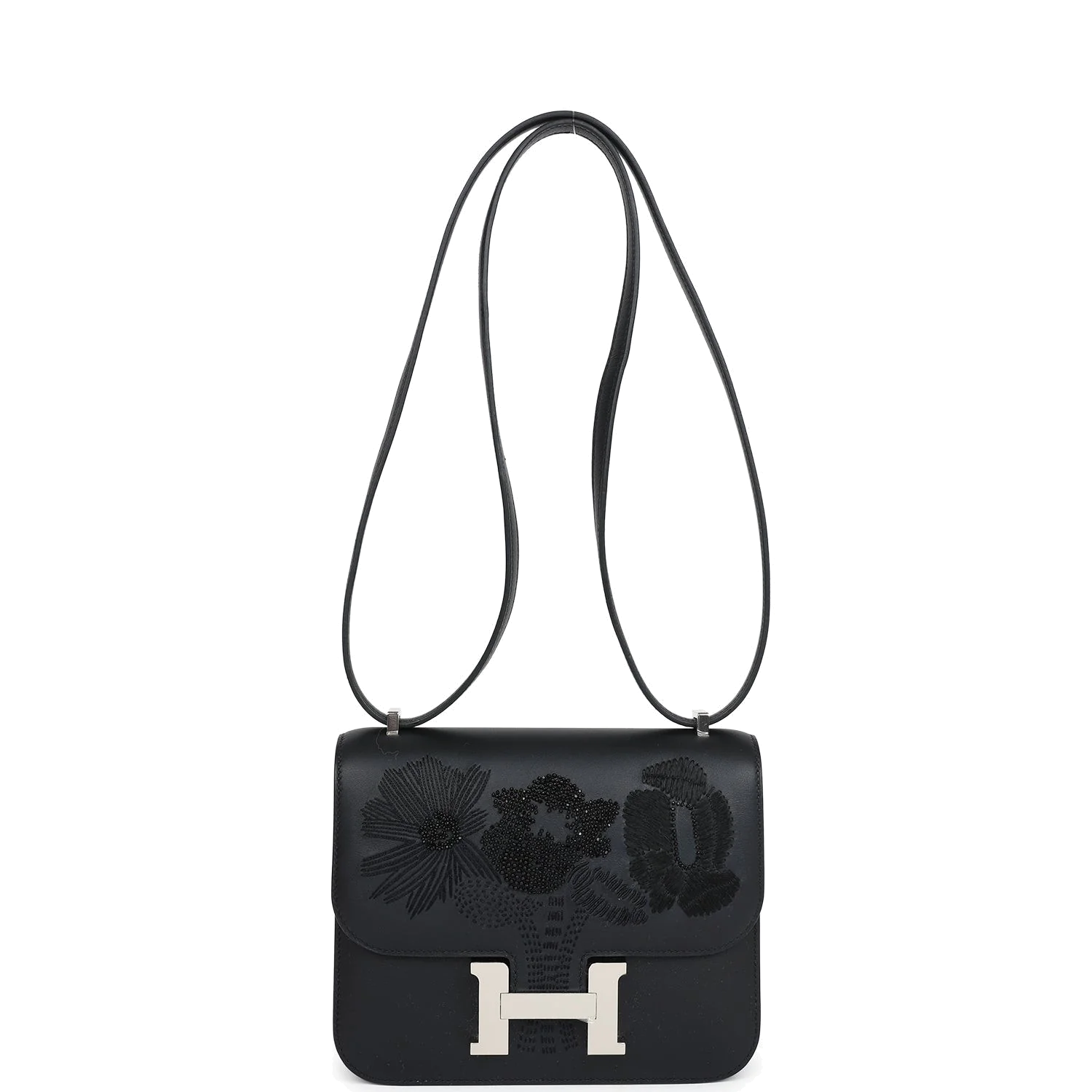 Hermes Constance 18 "Dancing Flowers" Black Embroidered Swift Palladium Hardware — фото 7